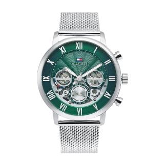 【Tommy Hilfiger】銀框 綠面 銀色米蘭錶帶 三眼日期顯示腕錶 44mm 手錶(1710567)