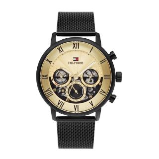 【Tommy Hilfiger】黑框 金面 黑色米蘭錶帶 三眼日期顯示腕錶 44mm 手錶(1710568)