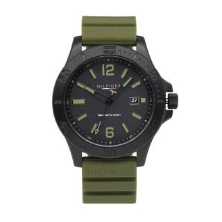 【Tommy Hilfiger】黑框 黑麵 軍綠矽膠錶帶 運動風腕錶 日期視窗 46mm 手錶(1791992)