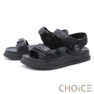 【CHOiCE】菱格縫線魔鬼氈寬帶厚底涼鞋(黑色)