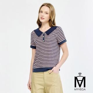 【MYVEGA 麥雪爾】MA波浪形羅紋領撞色條紋上衣-粉(女上衣/短袖上衣/T恤/涼感)