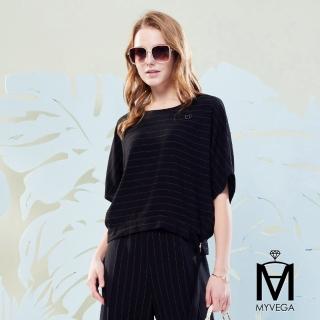 【MYVEGA 麥雪爾】MA經典黑條紋雪紡飛鼠袖套裝上衣-黑(上下身分開販售)