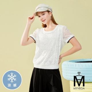 【MYVEGA 麥雪爾】MA涼感異材質拼接亮片蕾絲上衣-白