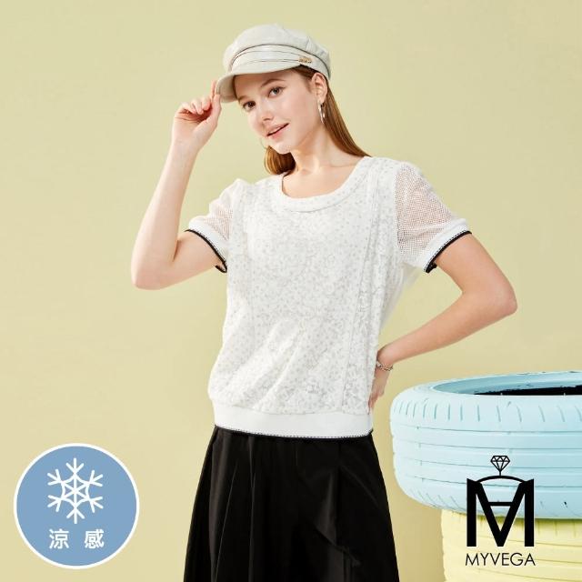 【MYVEGA 麥雪爾】MA涼感異材質拼接亮片蕾絲上衣-白