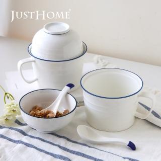 【Just Home】簡約藍邊陶瓷把手泡麵碗900ml-麵碗+飯碗+湯匙6件組(大容量/可微波/麵碗/湯碗/碗/飯碗)