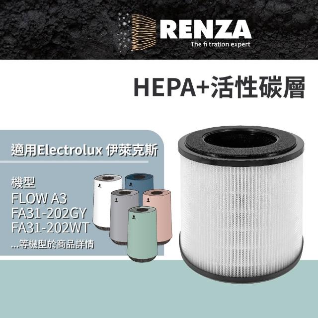 【RENZA】適用Electrolux 伊萊克斯 Flow A3 FA31-202GY 202WT 202PK 202GN BL 空氣清淨機(HEPA+活性碳濾網)