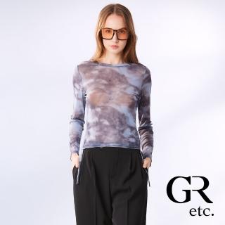 【GLORY21】網路獨賣款-etc.透膚亮片網布側抽繩長袖上衣(藍色)