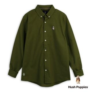 【Hush Puppies】男裝 襯衫 素色亞麻刺繡小狗長袖襯衫(橄欖綠 / 53112102)