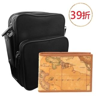 【Alviero Martini】PORSCHE DESIGN 保時捷 黑色側揹包義大利地圖包 4卡零錢袋短夾-地圖黃(雙品牌組合)