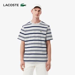 【LACOSTE】男裝-寬細條紋短袖T恤(海軍藍/白色)
