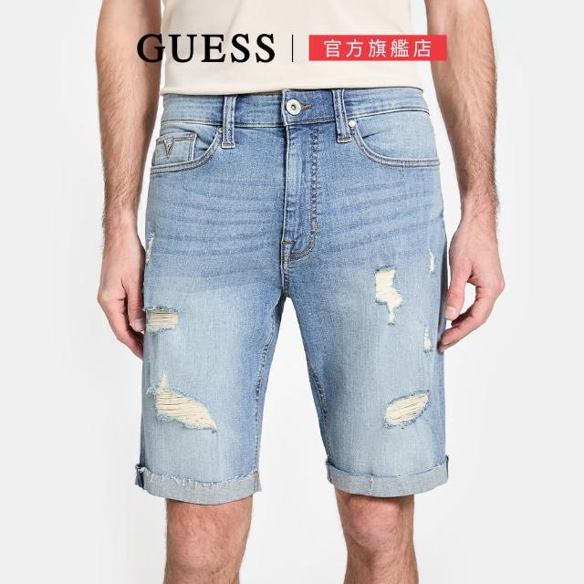 【GUESS】復古刷舊捲邊牛仔短褲(藍色)