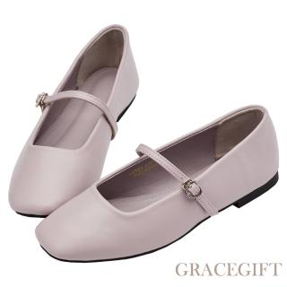 【Grace Gift】韓系小愛心復古平底瑪莉珍鞋(藕粉)