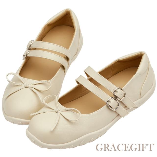 【Grace Gift】輕機能蝴蝶結雙帶薄底瑪莉珍芭蕾舞鞋(米白)