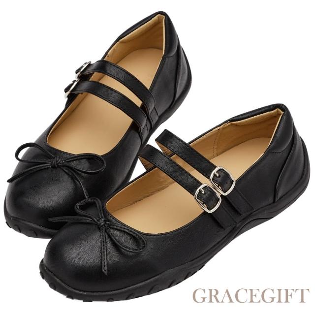 【Grace Gift】輕機能蝴蝶結雙帶薄底瑪莉珍芭蕾舞鞋(黑)