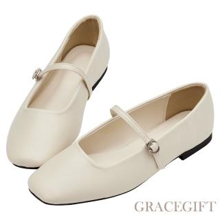 【Grace Gift】韓系小愛心復古平底瑪莉珍鞋(米白)