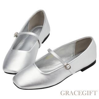 【Grace Gift】韓系小愛心復古平底瑪莉珍鞋(銀)