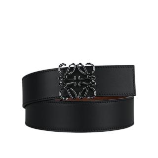 【LOEWE 羅威】Anagram 銀釦平滑牛皮雙面可用皮帶 寬4CM(黑色/焦糖色)