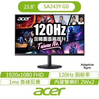 【Acer 宏碁】SA243Y G0B 24型 IPS FHD 16:9 120Hz超薄護眼電腦螢幕-黑(23.8吋/內建喇叭/AdaptiveSync/1ms)