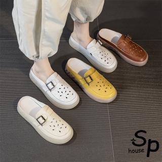 【Sp house】純真雛菊鏤空真牛皮平底包頭休閒涼拖鞋(2色可選)