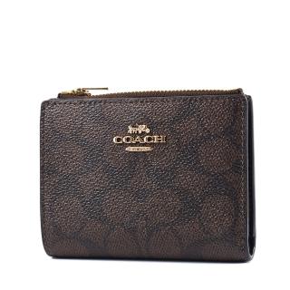 【COACH】緹花LOGO防刮皮革釦式對開短夾-咖啡色
