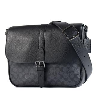 【COACH】男款 荔枝紋拚緹花LOGO防刮拉鍊斜背郵差包-灰黑