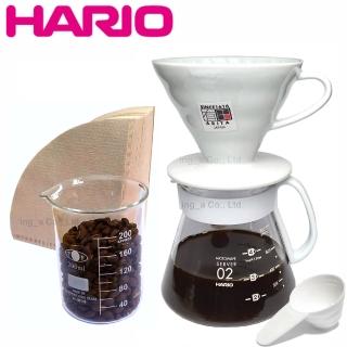 【HARIO】V60白色02陶瓷濾杯咖啡壺禮盒組+TOF 耐熱玻璃量杯