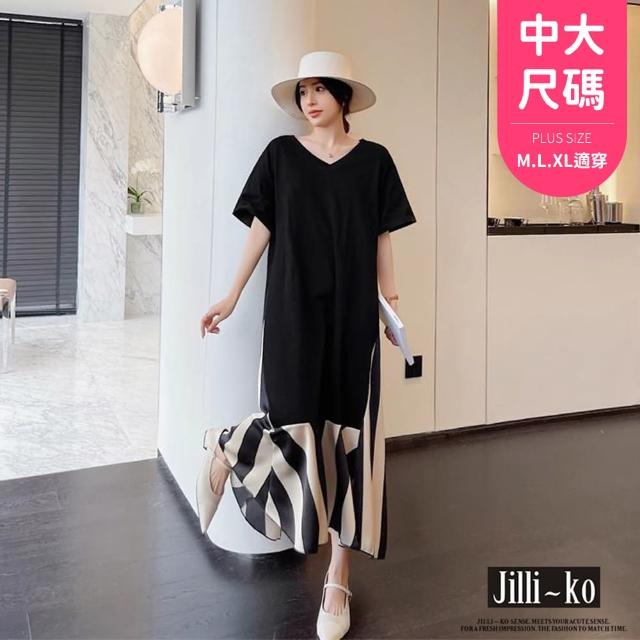 【JILLI-KO】V領寬鬆拼接開衩造型連衣裙-F(黑)