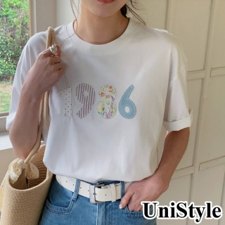 【UniStyle】短袖T恤 韓版莫奈數字貼布上衣 女 EAY2834F(奶霜白)