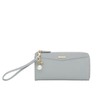 【KINAZ】附飛機珍珠吊飾腕帶L型拉鍊牛皮長夾-小鷗霧藍-飛機果凍系列