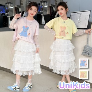 【UniKids】中大童裝短袖T恤 蕾絲拼接袖皇冠熊上衣 女大童裝 CVA2515(粉T 黃T)