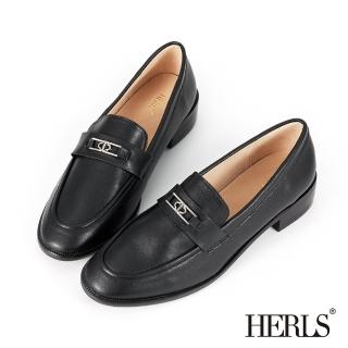 【HERLS】樂福鞋-全真皮幾何釦飾橢圓頭樂福鞋(黑色)