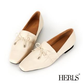 【HERLS】樂福鞋-全真皮優雅蝴蝶結方頭平底樂福鞋(白色)