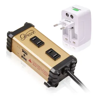 【Castle 蓋世特】官方總代理 2插 雙USB孔 鋁合金抗突波插座+萬用插頭轉換器旅行組(A2-U4)