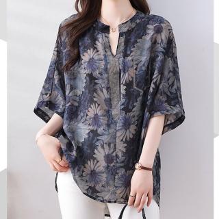 【麗質達人】9889藍色印花貼鑽上衣LY(L-5XL)