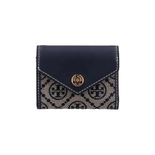 【TORY BURCH】T-MONOGRAM 緹花按扣短夾(海軍藍色)