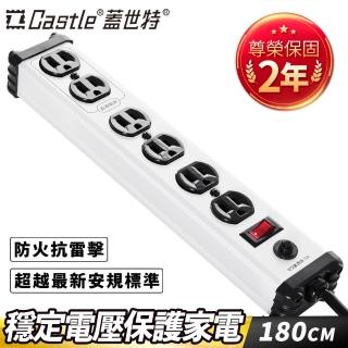 【Castle蓋世特】1開6插 鋁合金抗突波防火防雷保護插座 延長線 電源線-1.8M(蘋果白)