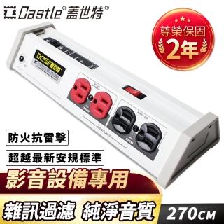 【Castle蓋世特】1開8插 影音裝置專用 鋁合金防火防雷淨化濾波轉接器插座 延長線 電源線-2.7M(蘋果白)