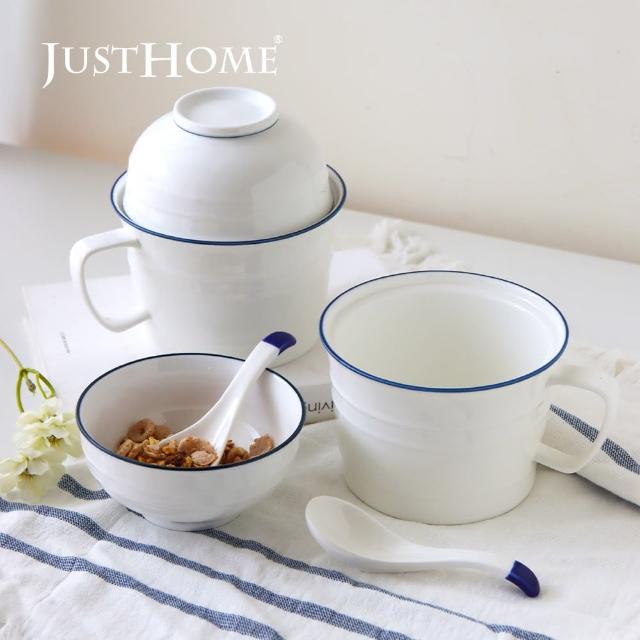 【Just Home】簡約藍邊陶瓷把手泡麵碗900ml-麵碗+飯碗+湯匙6件組(大容量/可微波/麵碗/湯碗/碗/飯碗)