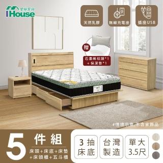 【IHouse】品田 房間5件組 單大3.5尺(床頭箱+收納抽屜底+床墊+床頭櫃+鬥櫃)