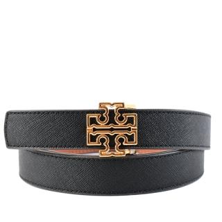 【TORY BURCH】金屬鏤空LOGO防刮雙面用窄版皮帶-黑/焦糖色