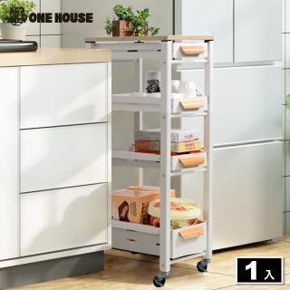 【ONE HOUSE】原仕家 免安裝抽屜廚房架 附輪推車 木蓋五層 1入(收納架/置物櫃/層架/置物架/收納推車)