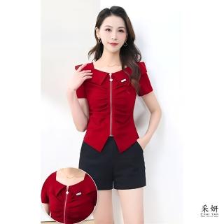 【CHAI YAN 採妍】荷葉邊收腰幸運草拉鍊水手領短袖上衣(春夏新款上衣-65-78公斤可穿)