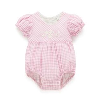 【Purebaby】有機棉嬰兒短袖包屁衣 粉紅格紋(新生兒 連身衣)