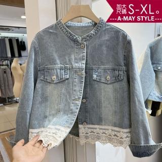 【艾美時尚】夏新品 中大尺碼女裝 丹寧上衣 夾克 復古刷色圓領拼接蕾絲牛仔外套。S-XL(藍.預購)