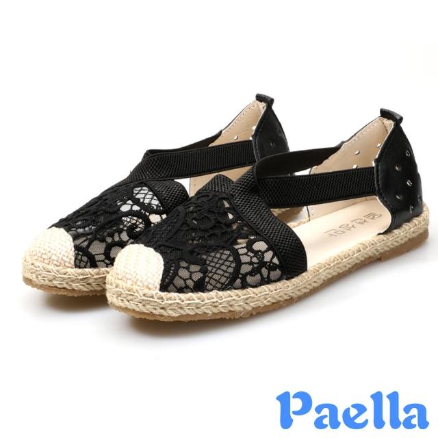 【Paella】平底涼鞋 縷空涼鞋/棉麻草編縷空蕾絲透氣平底涼鞋(黑)