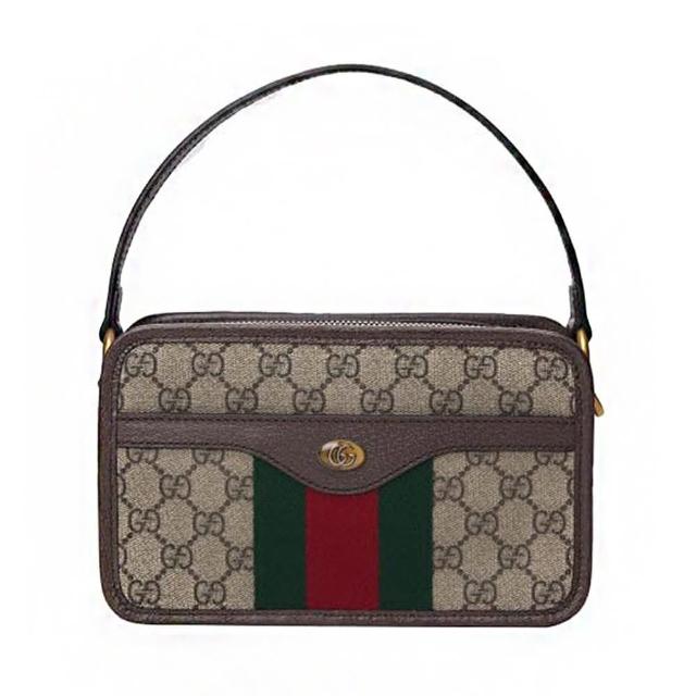 【GUCCI 古馳】779890 經典LOGO綠紅綠織帶手提斜背兩用包(棕色)