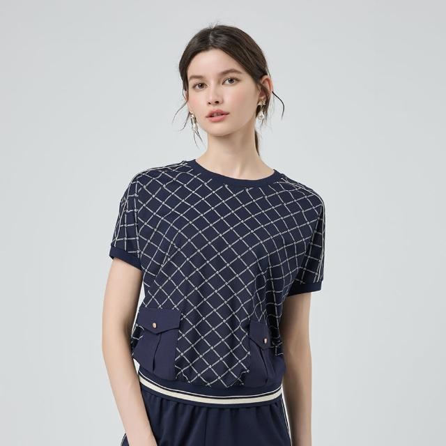 【ILEY 伊蕾】撞色菱格紋縲縈連袖上衣(深藍；M-2L；1252361002)