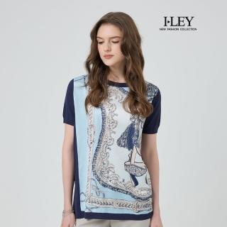 【ILEY 伊蕾】藝術風印花拼接緞面上衣(深藍；M-2L；1252511709)