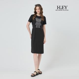 【ILEY 伊蕾】酷貝熊貼布繡縲縈收腰洋裝(黑；M-2L；1252367013)