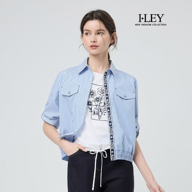 【ILEY 伊蕾】撞色織帶排釦條紋七分袖襯衫(藍；M-XL；1252611505)